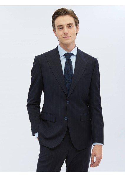 Lacivert Çizgili Modern Fit Yün Karışımlı Takım Elbise