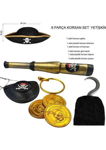 Yetişkin Keçe Kumaş Şapkalı Korsan Kostüm Tamamlayıcı Set 8 Parça Halloween