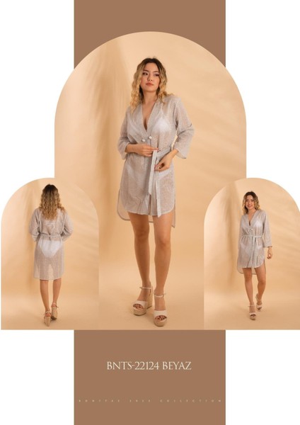 Düğmeli Simli Pareo 22124 - Beyaz