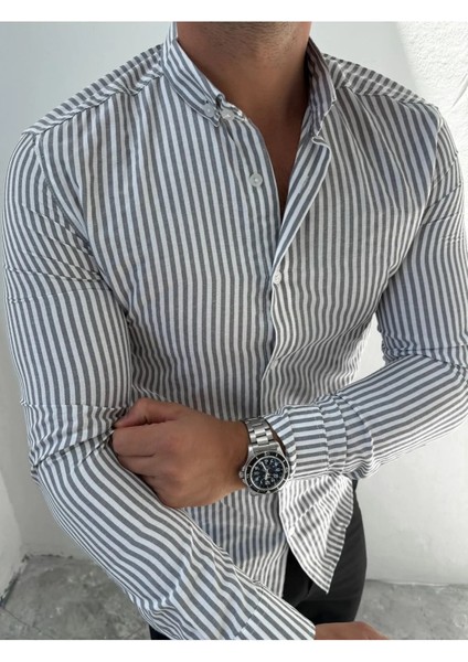Erkek Çizgili Tam Kalıp Uzun Kollu Gömlek Slim Fit