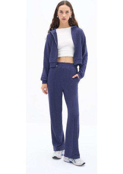 Lubna Pantolon - Nervür Dikiş Detaylı Üç Iplik Pamuklu Kumaş Wide Leg Lacivert Pantolon