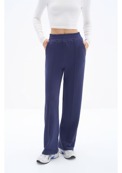 Lubna Pantolon - Nervür Dikiş Detaylı Üç Iplik Pamuklu Kumaş Wide Leg Lacivert Pantolon modelleri
