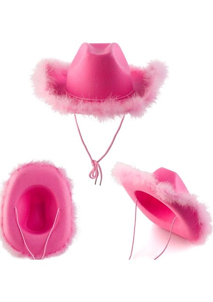 Pembe Otrişli Pembe Renk Keçe Kumaş Bayan Kovboy Şapkası Yetişkin Retro