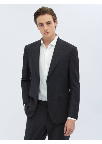 Antrasit Çizgili Modern Fit Yün Karışımlı Takım Elbise