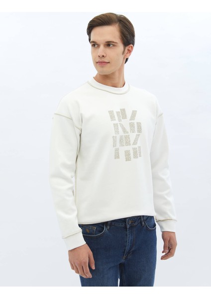 Ekru Bisiklet Yaka Baskılı Sweatshırt