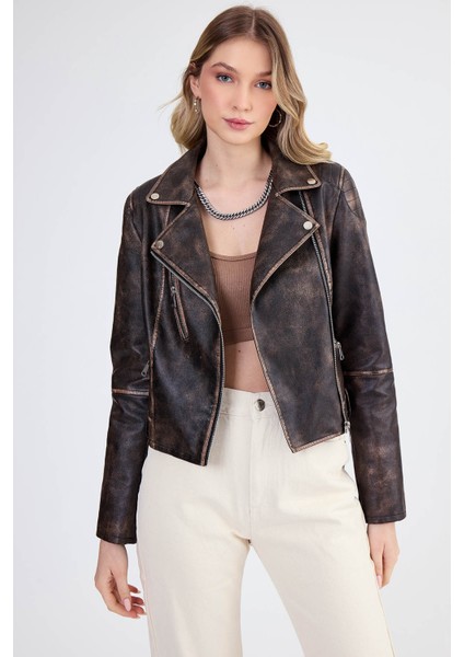 Fermuarlı Suni Deri Crop Biker Ceket