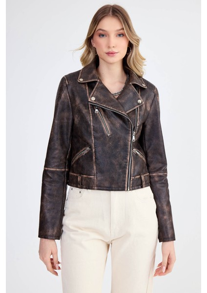 Fermuarlı Suni Deri Crop Biker Ceket