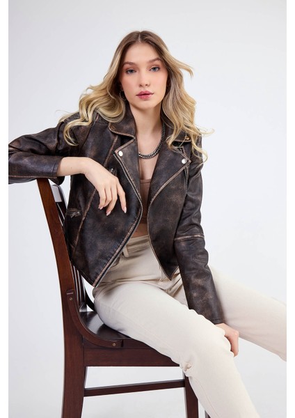 Fermuarlı Suni Deri Crop Biker Ceket