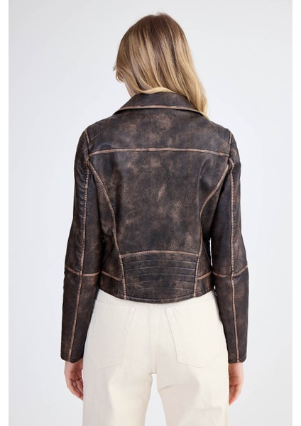 Fermuarlı Suni Deri Crop Biker Ceket