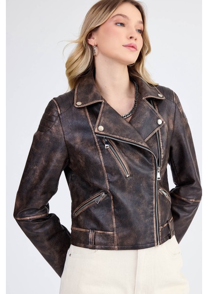Fermuarlı Suni Deri Crop Biker Ceket