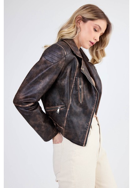 Fermuarlı Suni Deri Crop Biker Ceket