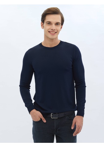 Lacivert Bisiklet Yaka Düz Örgü Triko Kazak