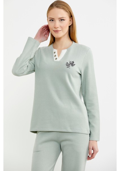Fitilli Yaka Detaylı Pijama Takım - Yeşil