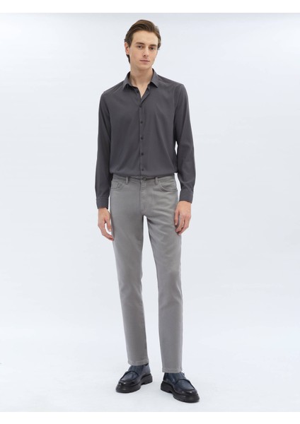 Gri Dokuma Slim Fit Casual Pamuk Karışımlı Pantolon