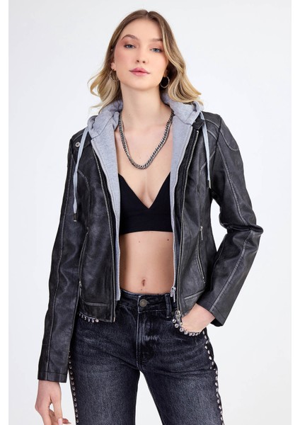 Kapüşonlu Suni Deri Crop Biker Ceket