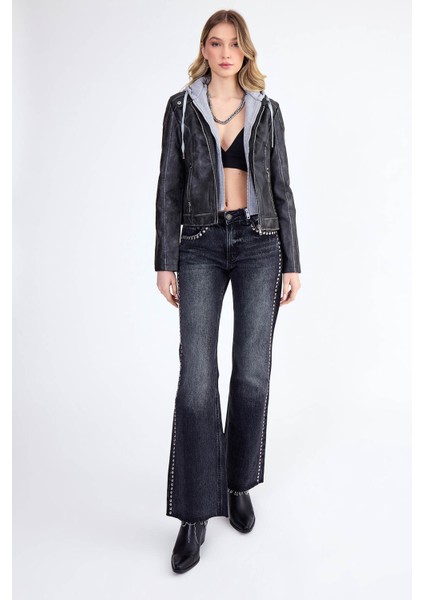 Kapüşonlu Suni Deri Crop Biker Ceket