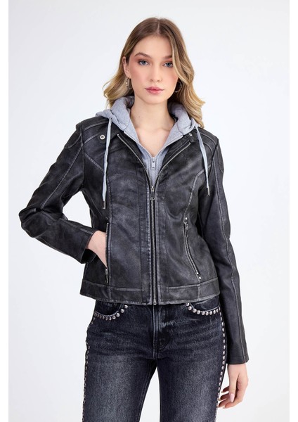 Kapüşonlu Suni Deri Crop Biker Ceket
