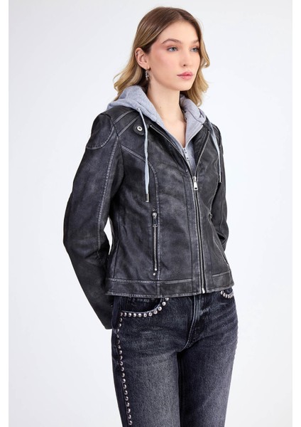 Kapüşonlu Suni Deri Crop Biker Ceket
