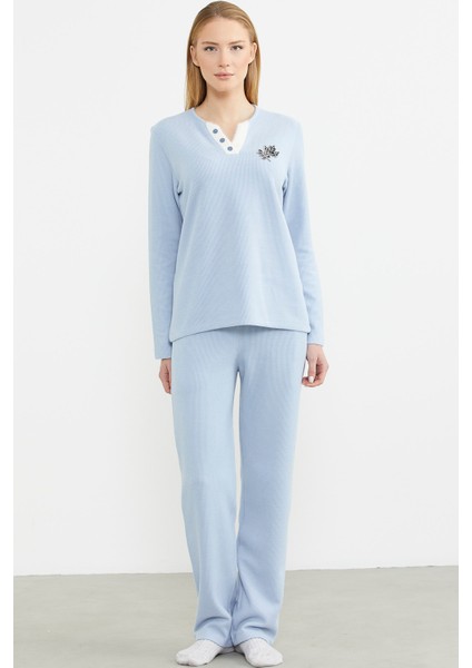Fitilli Yaka Detaylı Pijama Takım - Mavi