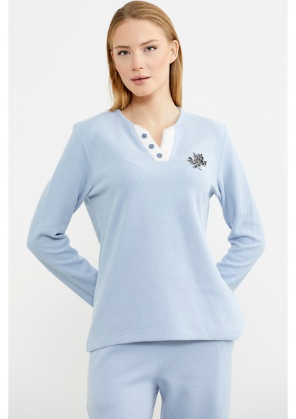 Fitilli Yaka Detaylı Pijama Takım - Mavi
