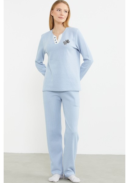 Fitilli Yaka Detaylı Pijama Takım - Mavi
