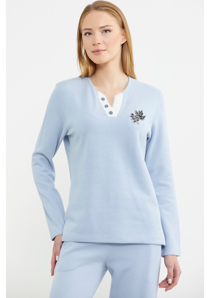 Fitilli Yaka Detaylı Pijama Takım - Mavi