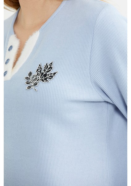 Fitilli Yaka Detaylı Pijama Takım - Mavi