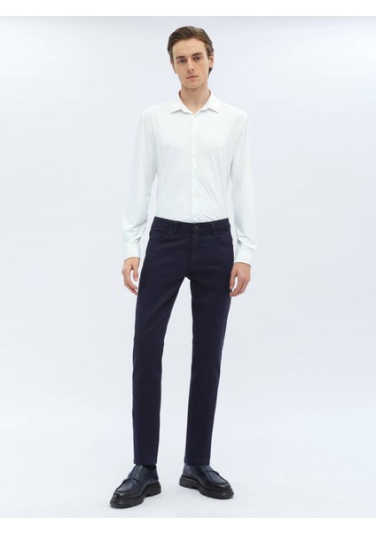 Lacivert Dokuma Slim Fit Casual Pamuk Karışımlı Pantolon