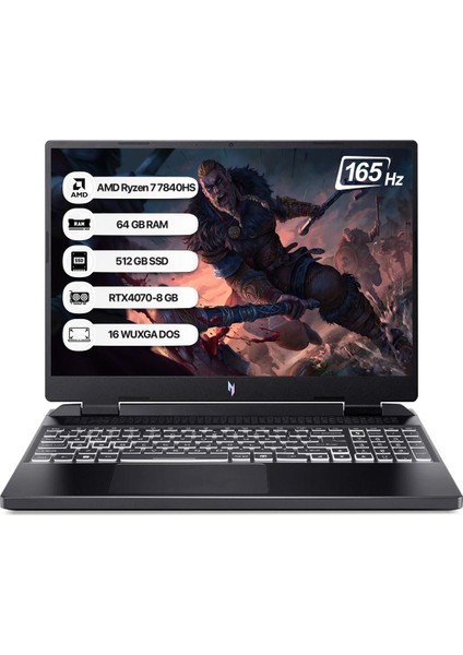 NITRO16 R7 7840HS 64 GB 512 GB SSD Rtx 4070-8 GB Freedos 16" Wqxga 165 Hz Taşınabilir Bilgisayar NH.QLJEY.003-64