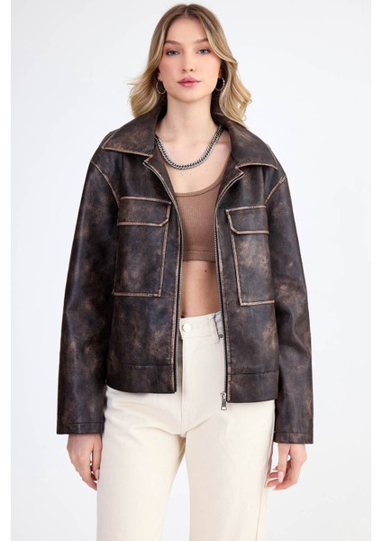 Kapak Cepli Suni Deri Biker Ceket