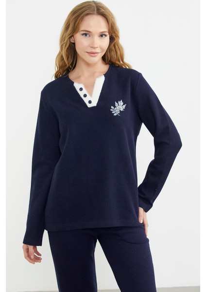 Fitilli Yaka Detaylı Pijama Takım - Lacivert fırsatları