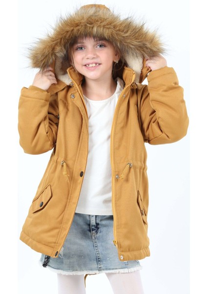 Kız Çocuk Su Itici Kapüşonlu Fermuarlı Çıtçıt Kapamalı Cepli Gabardin Hardal Sarı MONT-MNT-2005-K