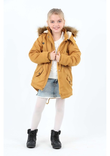 Kız Çocuk Su Itici Kapüşonlu Fermuarlı Çıtçıt Kapamalı Cepli Gabardin Hardal Sarı MONT-MNT-2005-K fiyatları