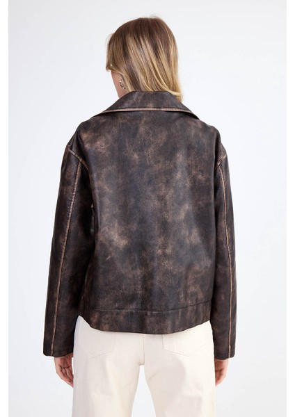 Kapak Cepli Suni Deri Biker Ceket