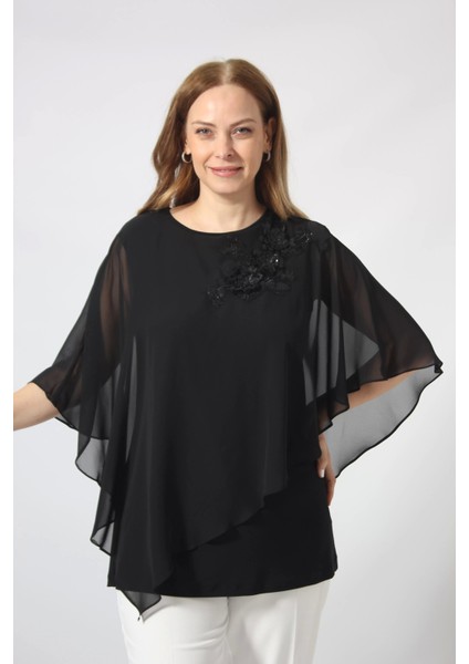 5040 Pul Payet Aplikli Şifon Kombin Büyük Beden Şık Bluz fiyatları