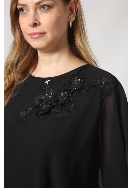 5040 Pul Payet Aplikli Şifon Kombin Büyük Beden Şık Bluz modelleri