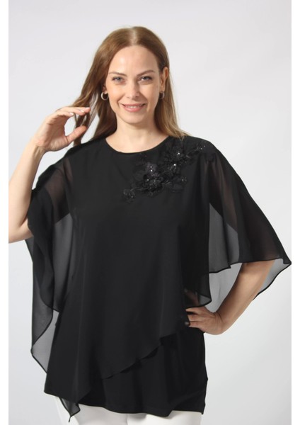 5040 Pul Payet Aplikli Şifon Kombin Büyük Beden Şık Bluz indirimleri