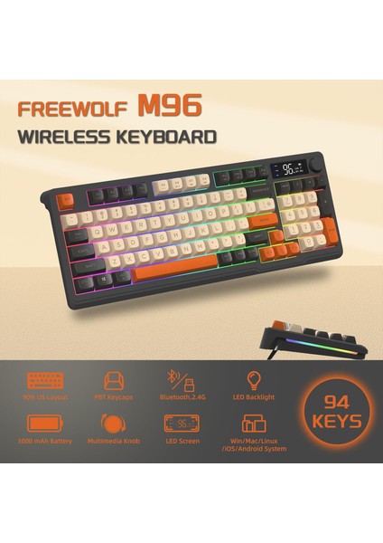 Freewolf M96 2.4g+Bt5.0 Çift Bağlantılı Tft LED Ekranlı  Reinbow Gaming Oyuncu Klavye