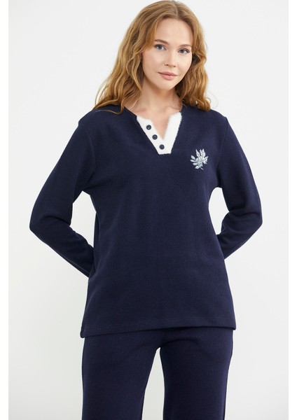 Fitilli Yaka Detaylı Pijama Takım - Lacivert
