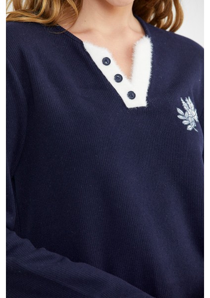 Fitilli Yaka Detaylı Pijama Takım - Lacivert
