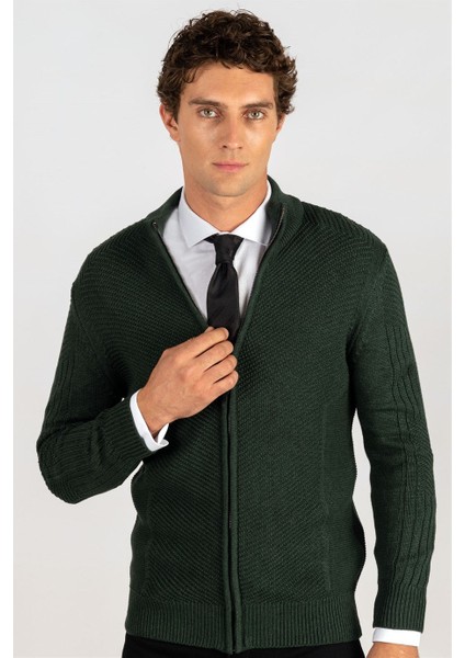 Slim Fit Dar Kesim Kendinden Desenli Erkek Hırka