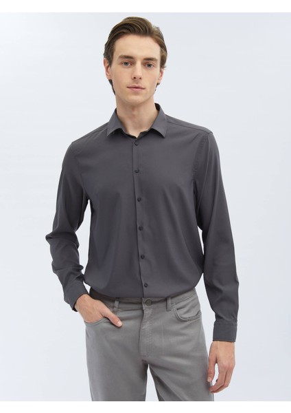 Antrasit Düz Regular Fit Dokuma Casual Gömlek