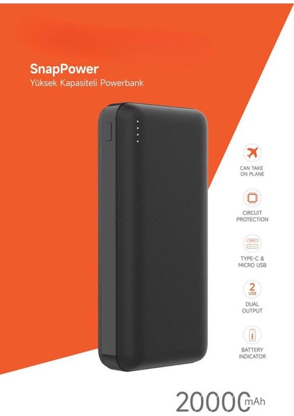 20.000 Mah Powerbank 2 USB Çıkışlı 1 Type-C Girişli