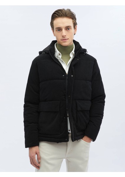 Siyah Regular Fit Kapüşonlu Casual Dokuma Mont