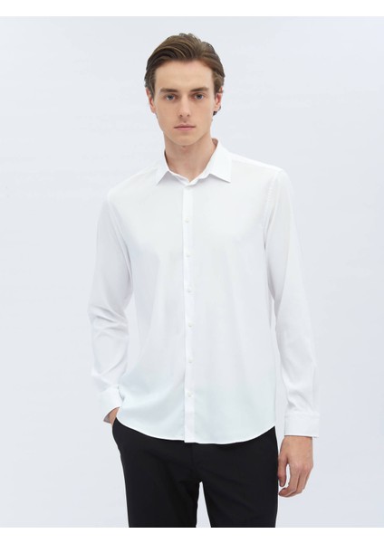 Beyaz Düz Regular Fit Dokuma Casual Gömlek