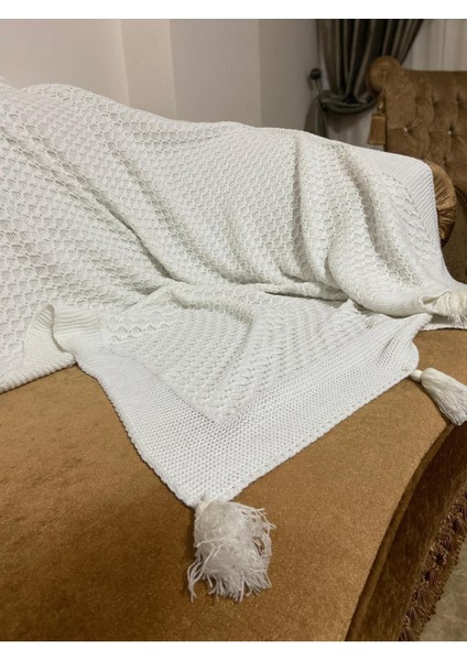 Ekru örgülü triko sepet battaniye 130x170, püsküllü koltuk ve bacak şalı