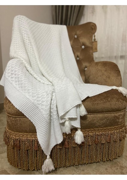 Ekru örgülü triko sepet battaniye 130x170, püsküllü koltuk ve bacak şalı fırsatları