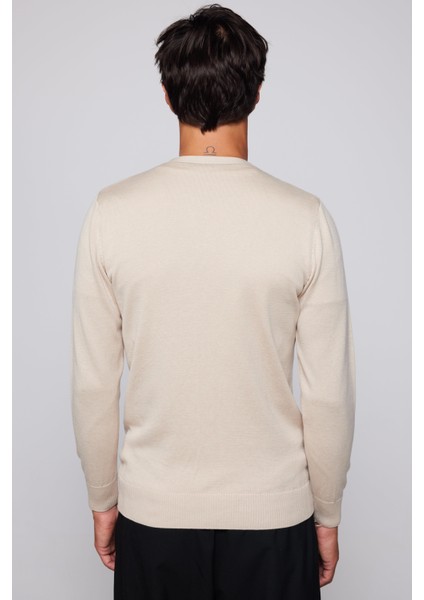 Erkek Slim Fit Düğmeli Düz Pamuk Bej Hırka