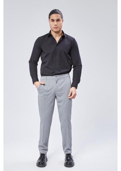 Erkek Beli Yarım Lastikli Slim Fit Chino Crop Pantolon Koyu Gri