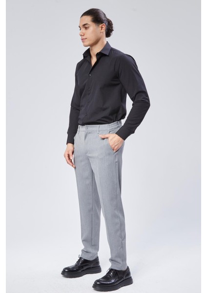 Erkek Beli Yarım Lastikli Slim Fit Chino Crop Pantolon Koyu Gri